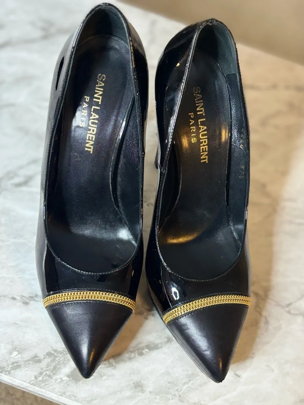 Saint Laurent Black Patent Leather Pointed Toe Pumps w/ Gold Chain Trim Sz 37.5